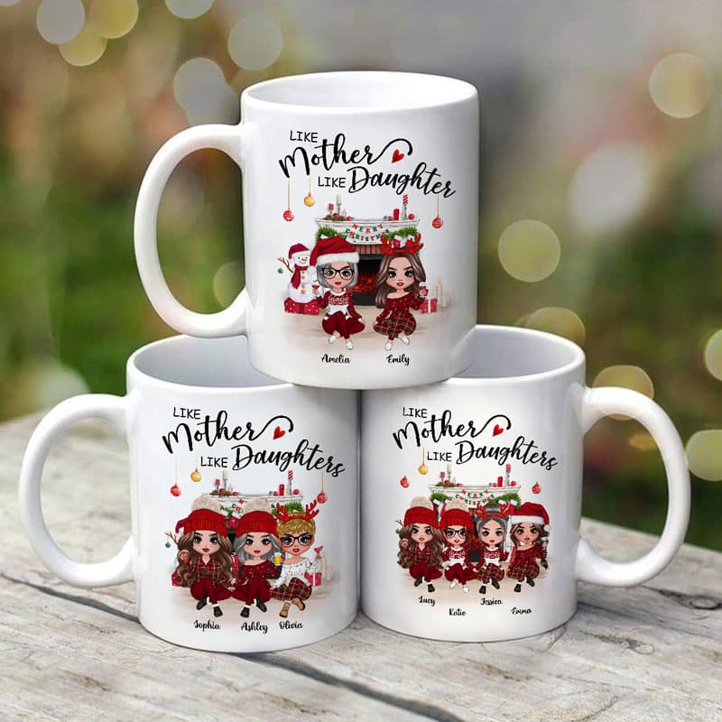 Doll Mother Daughter Sitting At Christmas Fireplace Personalized Mug