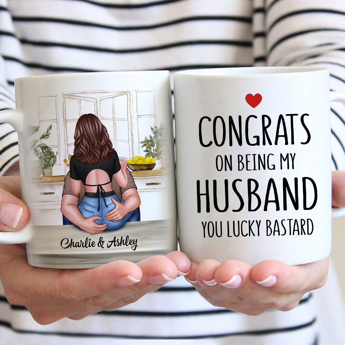 Congrats On Being My Husband Man Embracing Woman Back View Personalized Mug