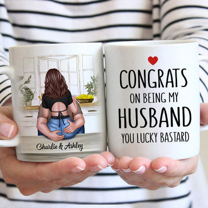 Congrats On Being My Husband Man Embracing Woman Back View Personalized Mug