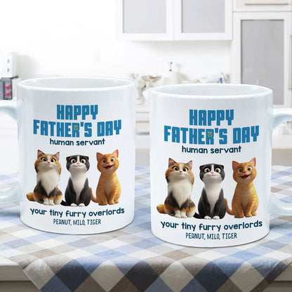 Happy Father's Day Human Servant Personalized Mug, Cute Cartoon Cats, Unique Father's Day Gift for Cat Dads