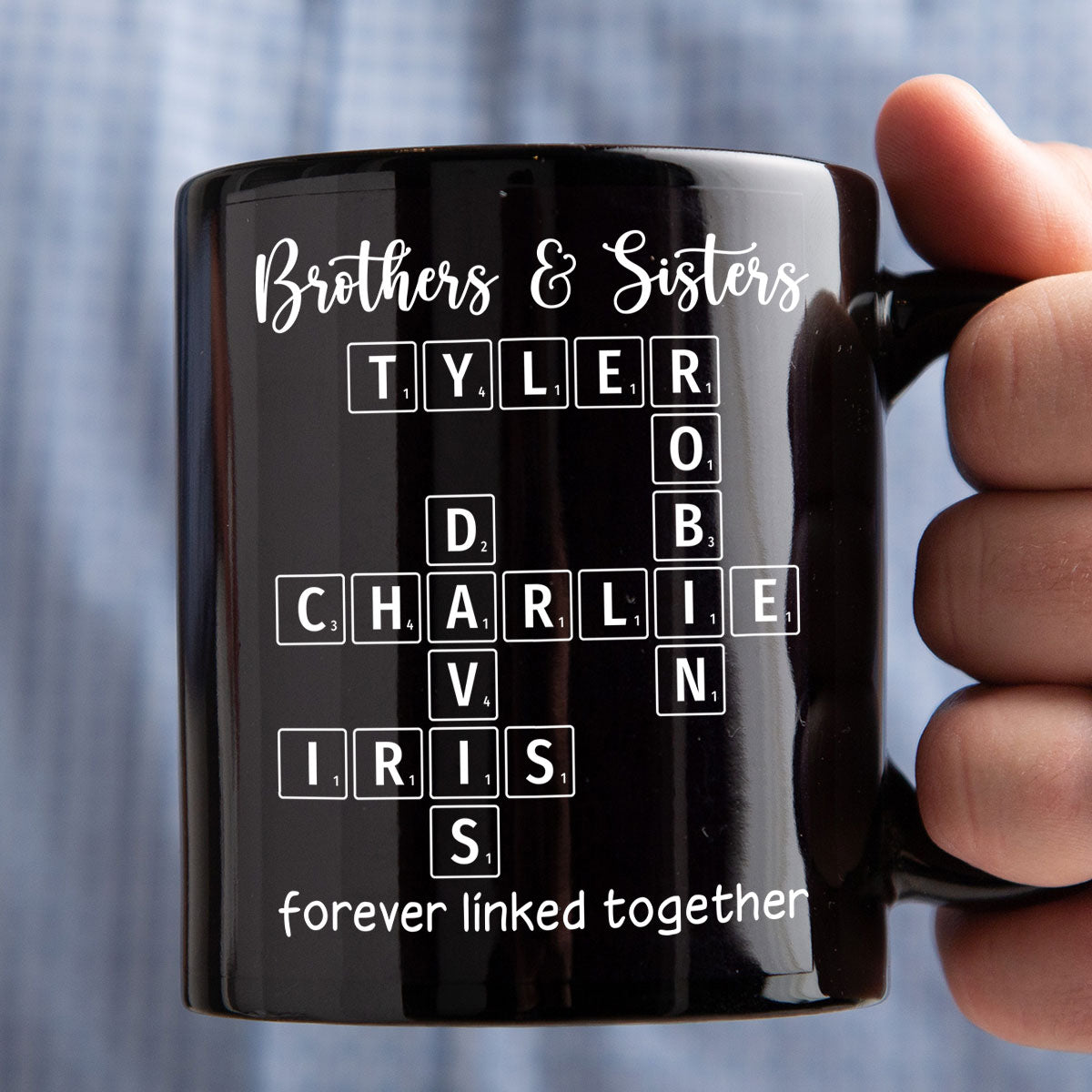 Brothers & Sisters Siblings Family Forever Linked Crossword Outline Personalized Mug