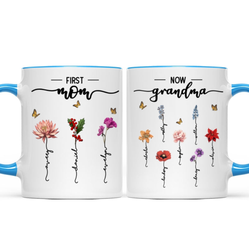 First Mom Now Grandma Birth Flower Personalized Mug
