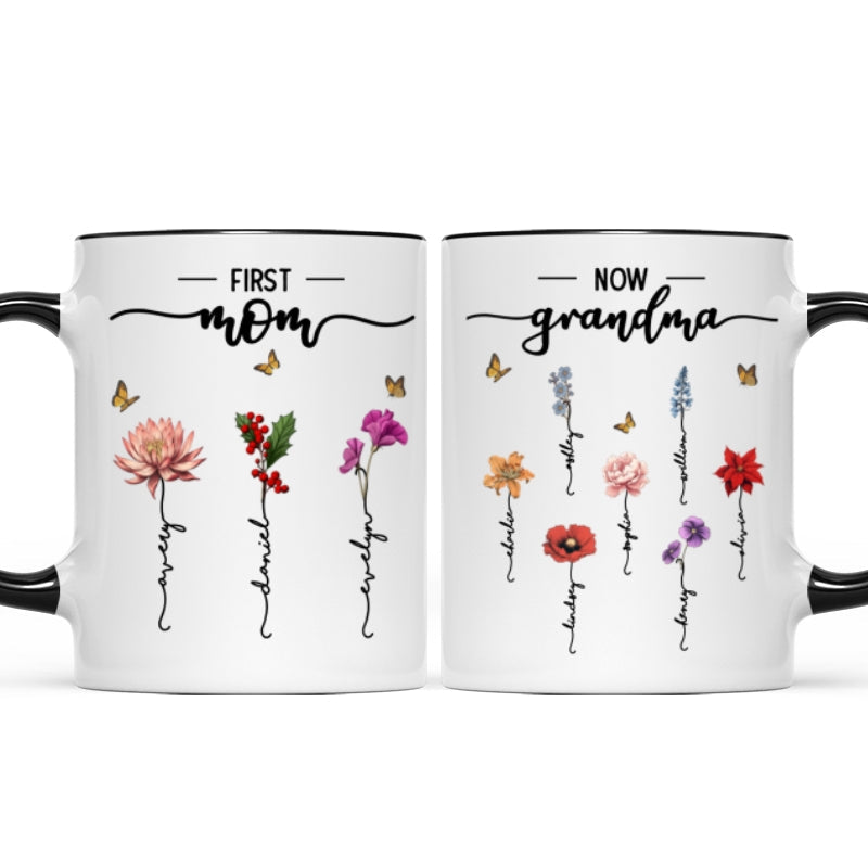 First Mom Now Grandma Birth Flower Personalized Mug