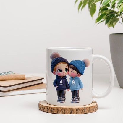 3D Effect Cute Cartoon Couple Walking Personalized Mug, Perfect Valentine'Day Gift for him, Gift for her