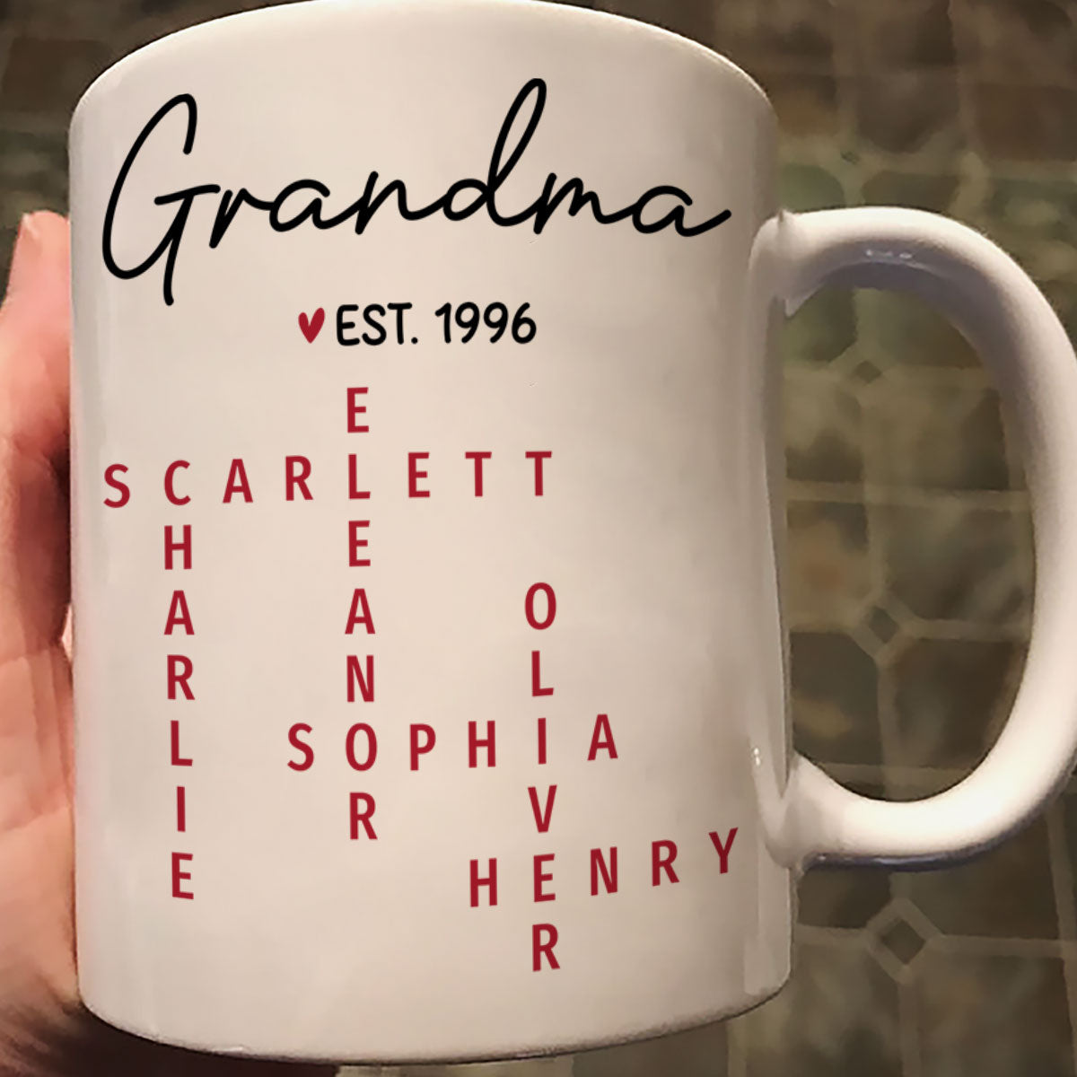 Grandma Est. Grandkids Names Crossword Puzzle Art Personalized Mug