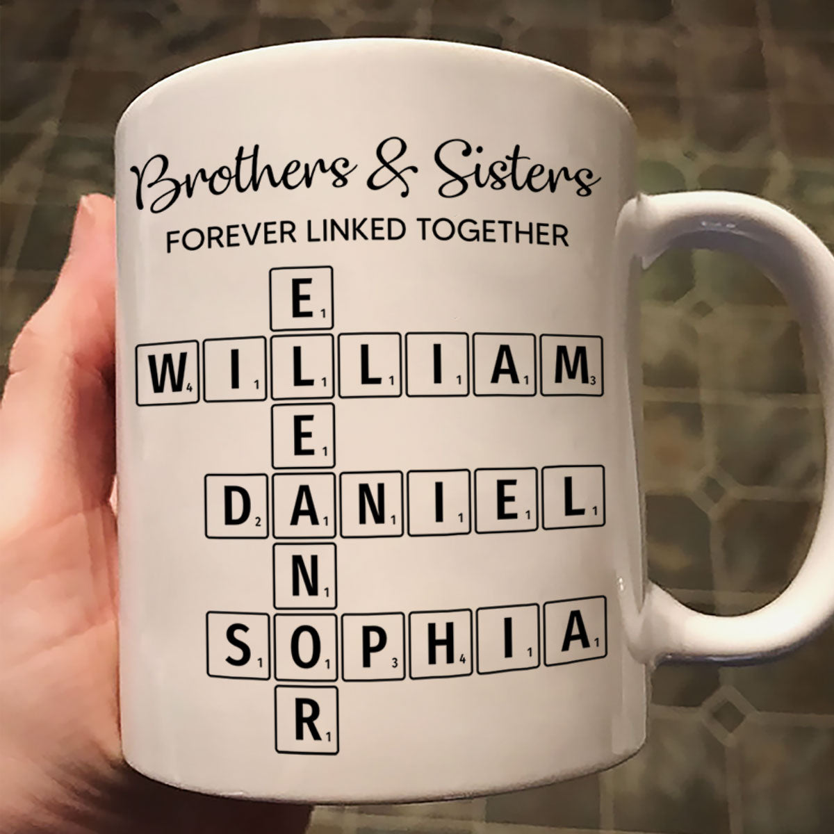 Brothers & Sisters Forever Linked Together Crossword Puzzle Art Personalized Mug, Gift For Brothers, Sisters, Siblings, Family