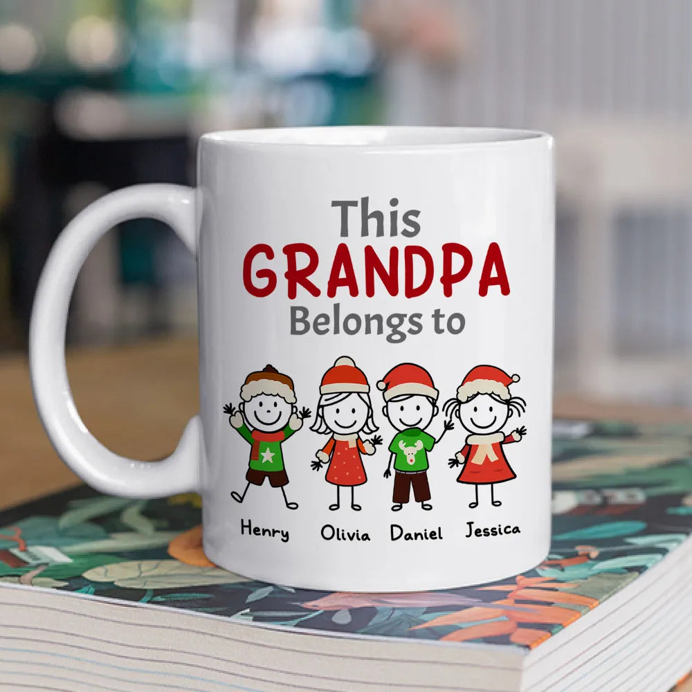 Custom This Grandpa Belongs To Mug Holiday Stick-Figure Art, Unique Personalized Gift for Grandpa