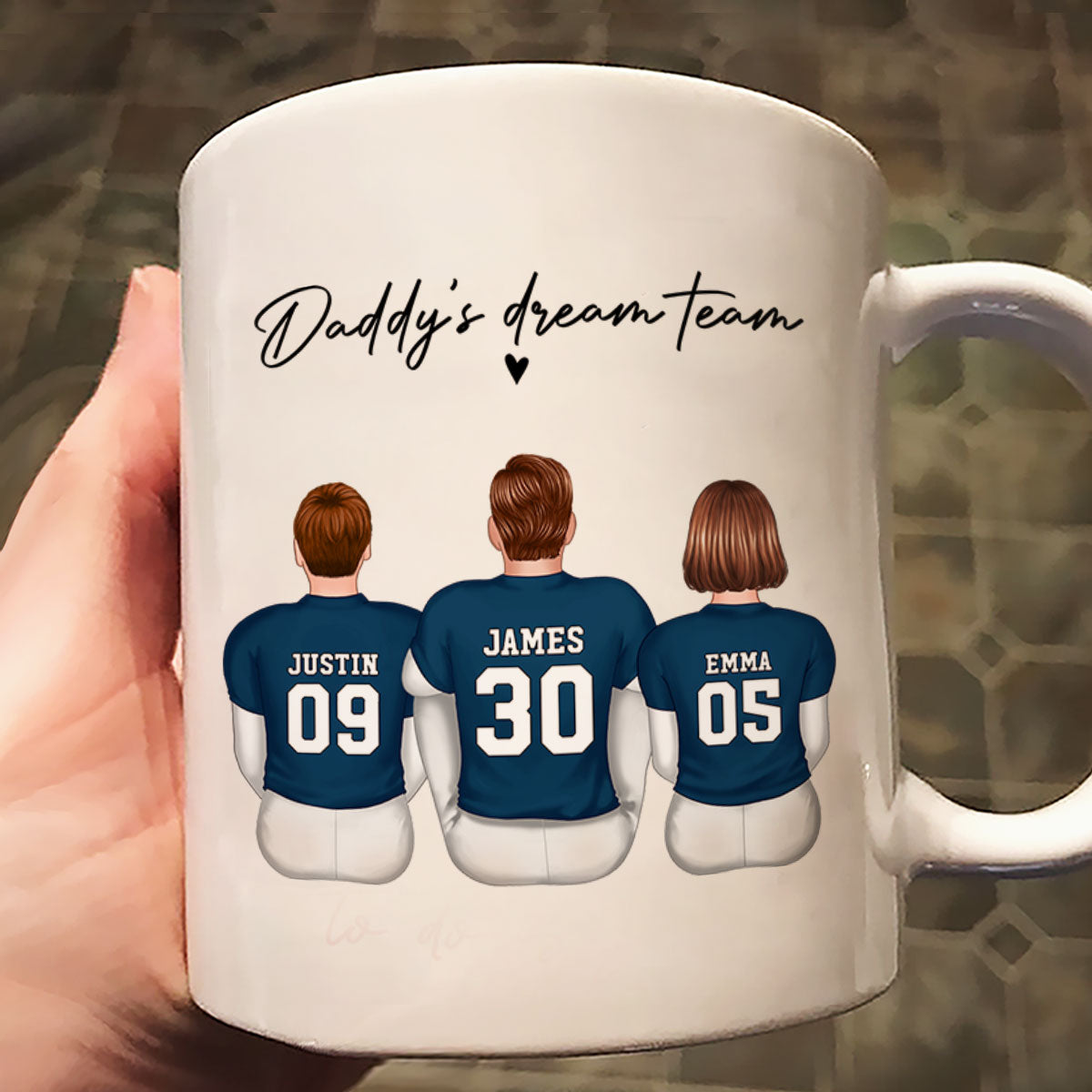 Daddy's Team Football Family Sitting Personalized Mug, Father's Day Gift For Dad, Grandpa, Husband